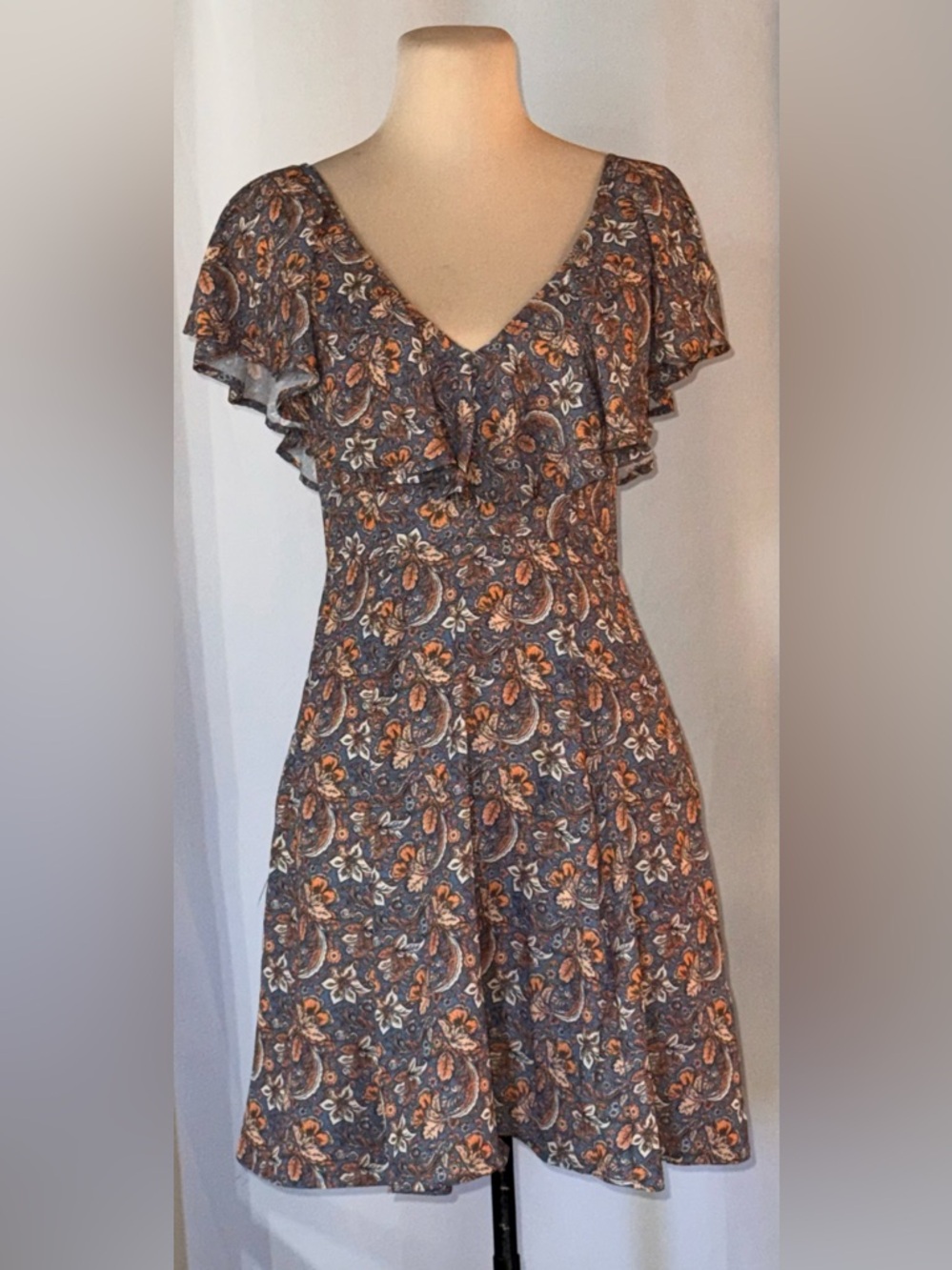 V-Neck Paisley Fit-and-Flare Dress with Flutter Sleeves